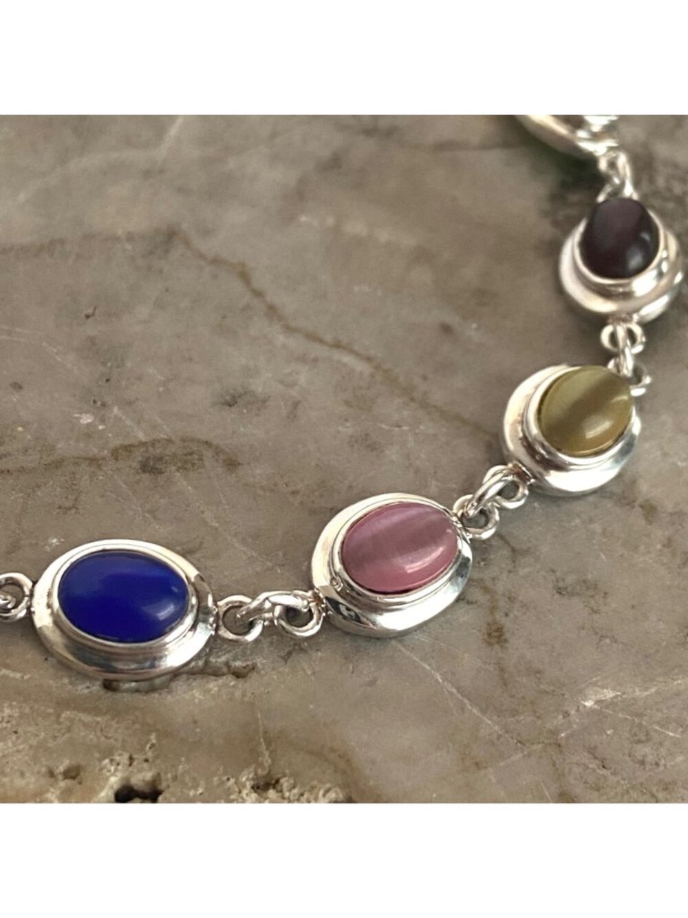 Sterling Silver 925 Multi Colored Oval Cats Eye Link Station Bracelet Sz 7.75" - Picture 15 of 16